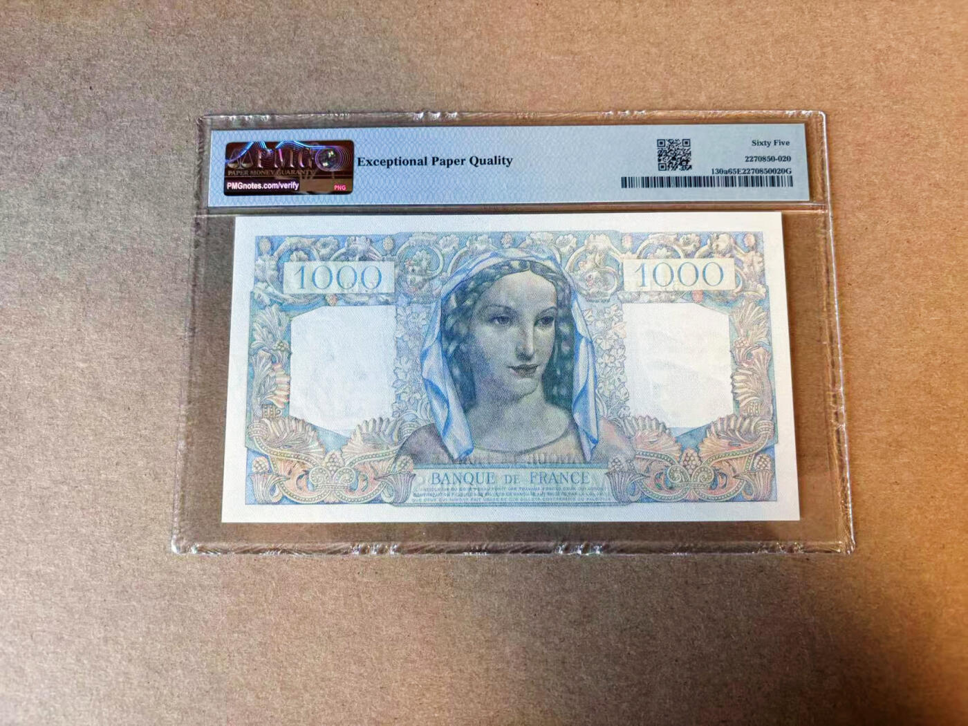 【Blue Auction】✨世界纸币精拍第591期【精】 【无47】法国 1945年1000法郎 PMG65EPQ 