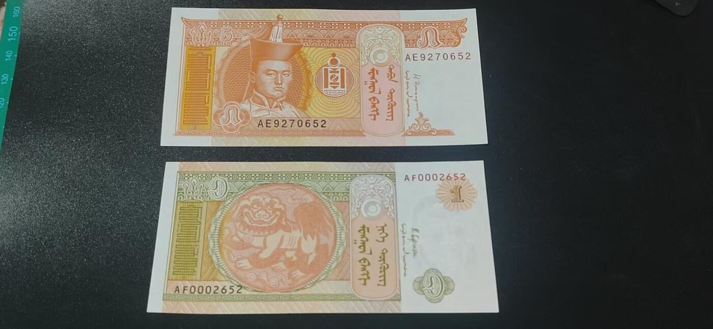 外币拍场，国旗  地图升级版！ 蒙古货币2张    图格里克    号码尾三同