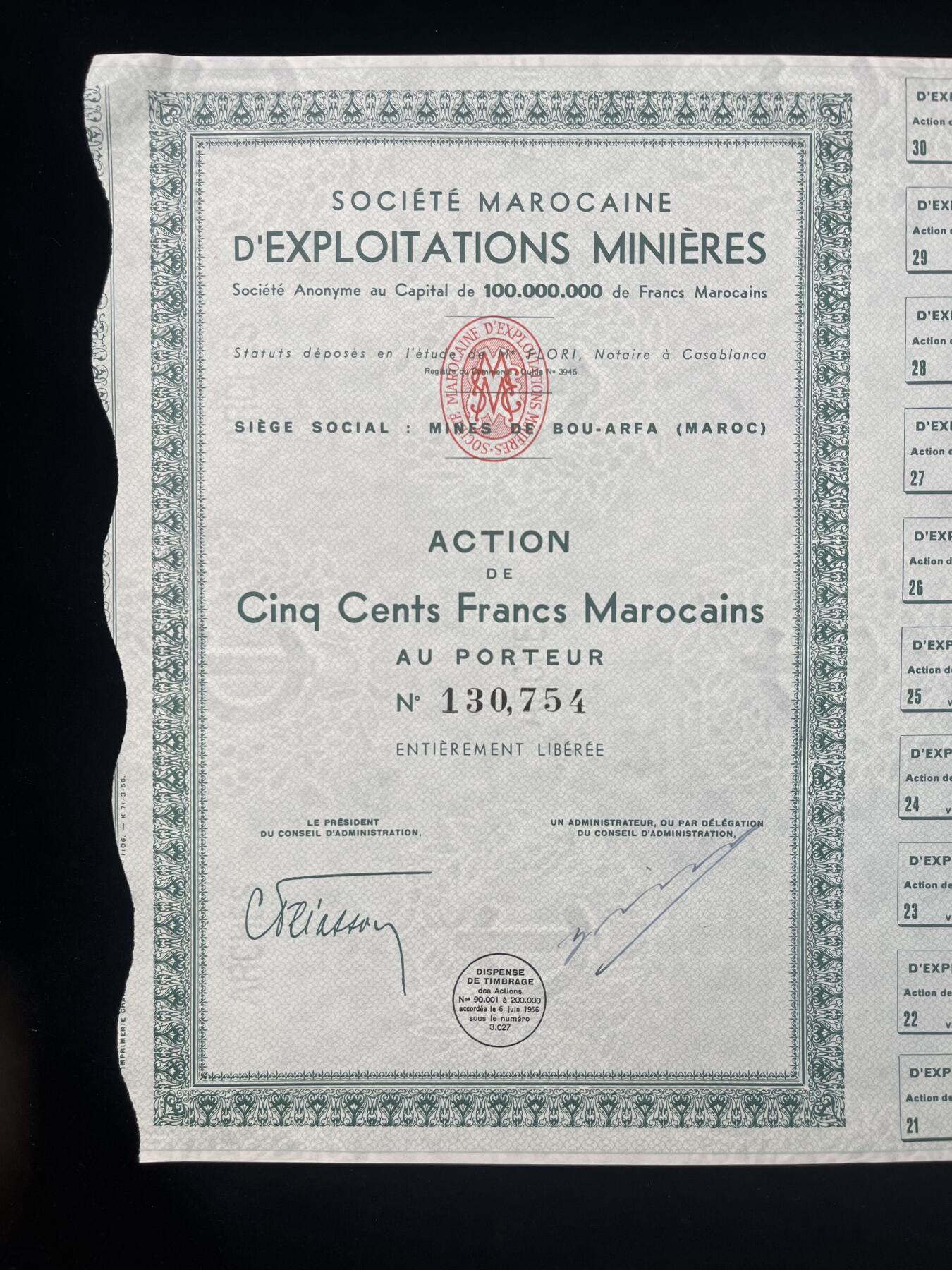 1956年摩洛哥矿业股票，有满版防伪水印