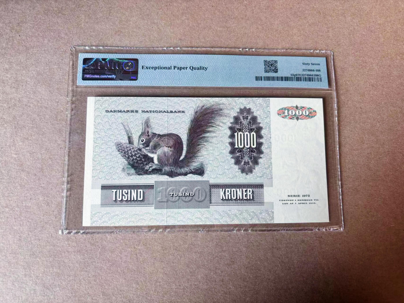 【Blue Auction】✨世界纸币精拍第591期【精】 丹麦 1992年1000克朗 大松鼠 PMG67EPQ 高分