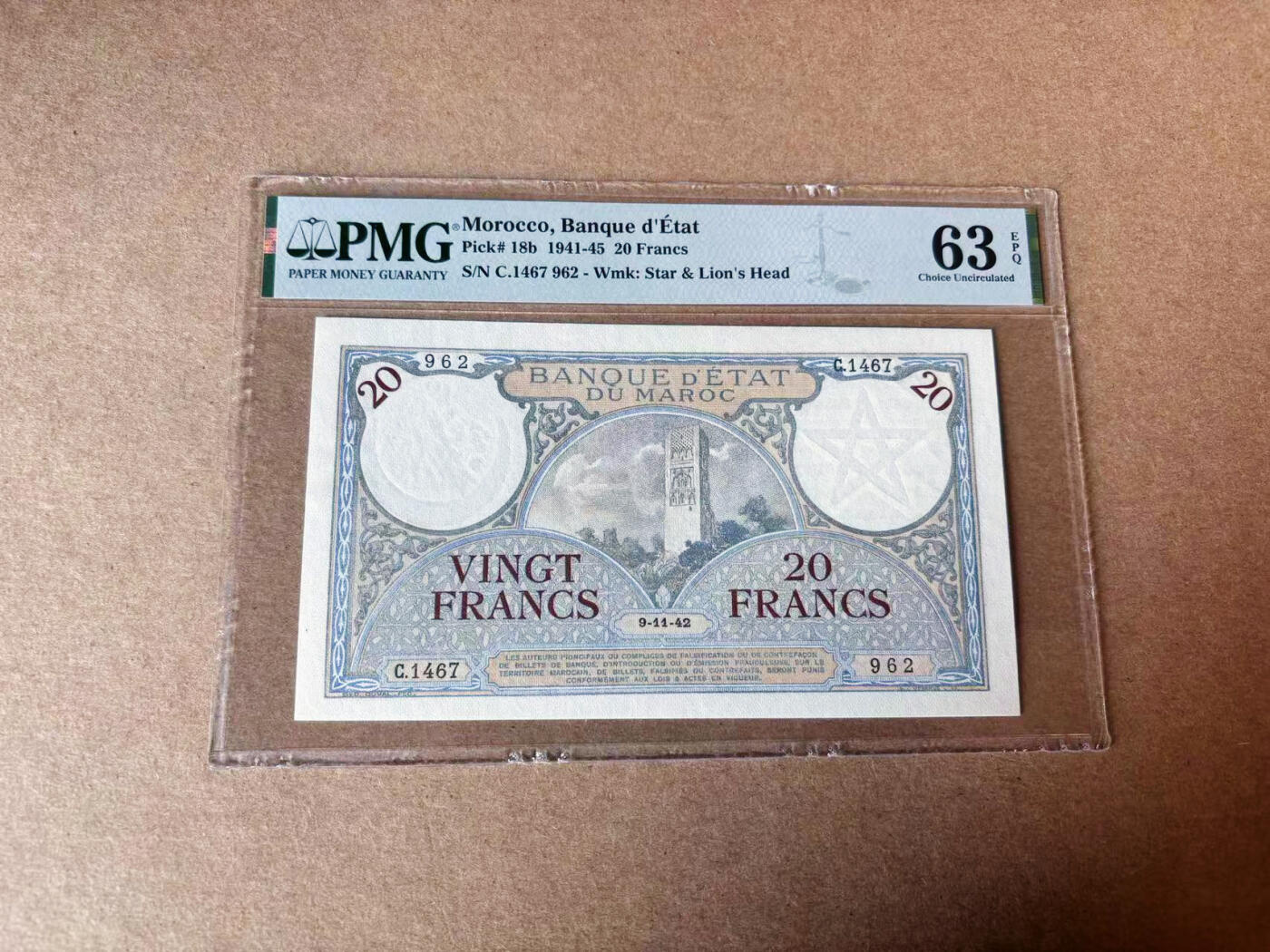【Blue Auction】✨世界纸币精拍第591期【精】 【无47】摩洛哥 1942年20法郎 PMG63EPQ 