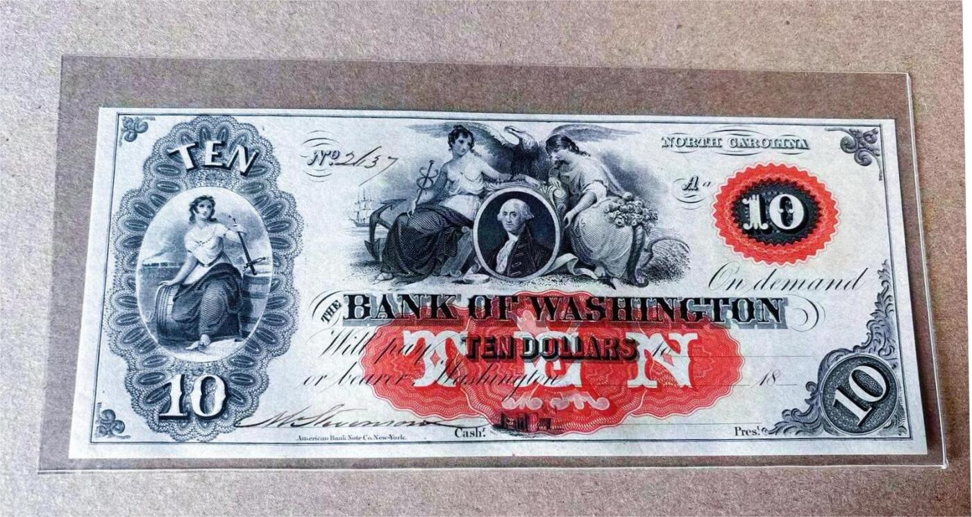 【Blue Auction】✨世界纸币精拍第591期【精】 【手签实钞 2637号 华盛顿头像】美国 北卡州 18XX年10美金 女神 飞鹰 红套印品质高 设计精美UNC-角折 大票幅