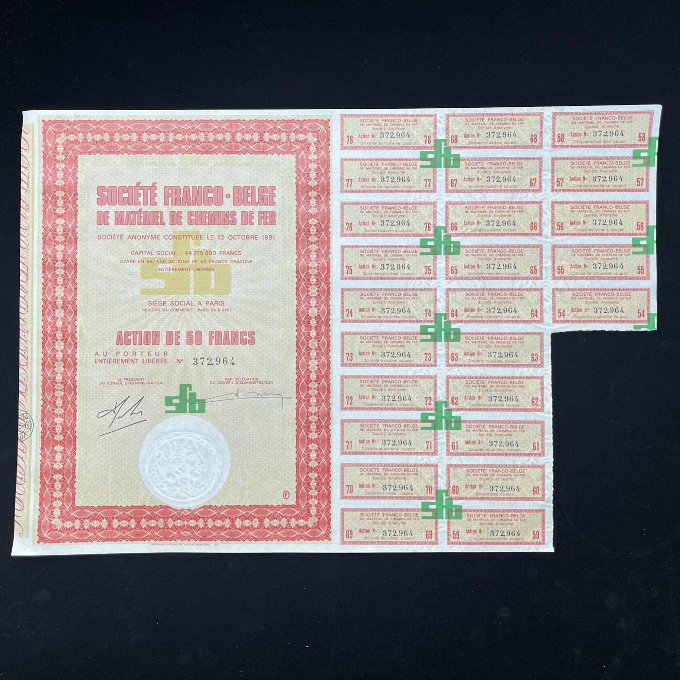 1881年法国化学材料公司股票，有水印，雕刻版钢凹防伪印刷