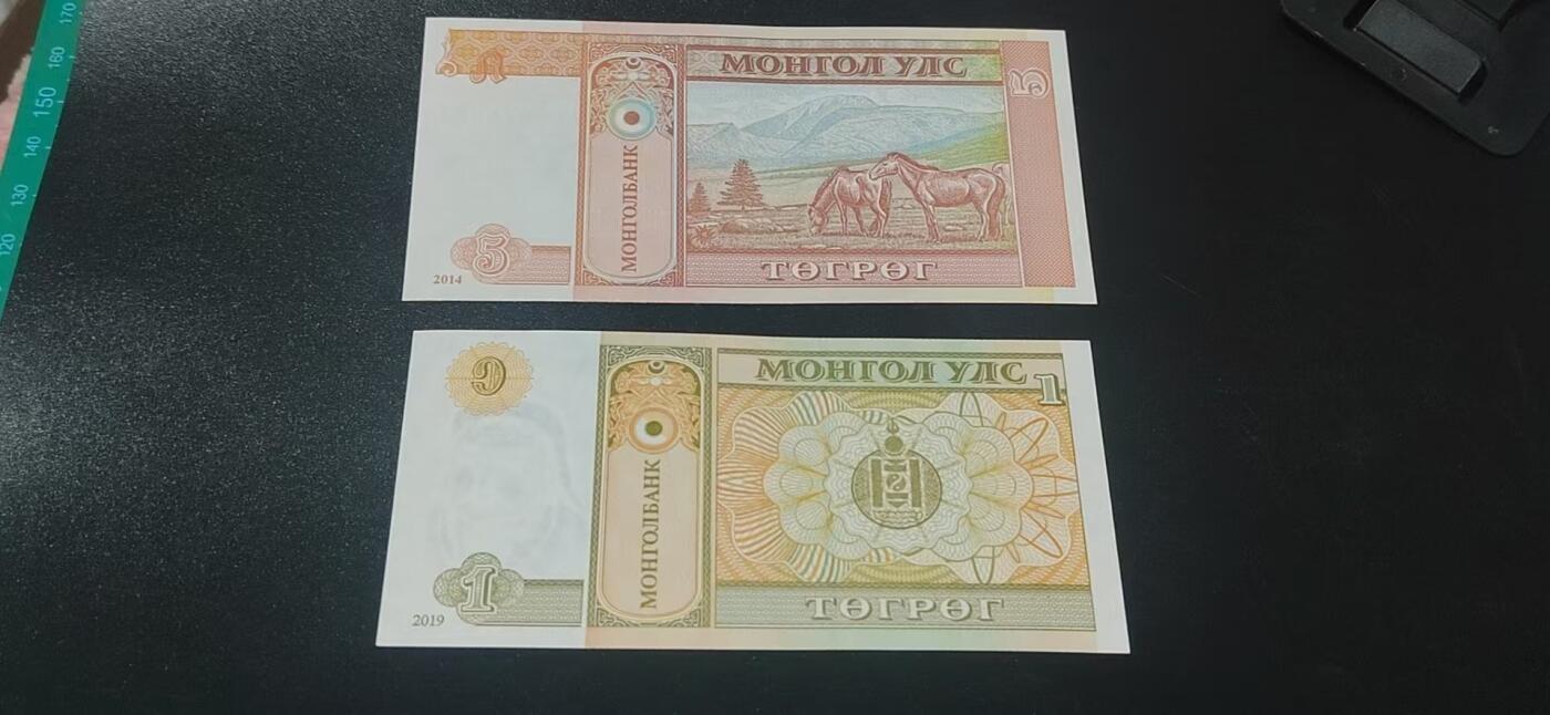 外币拍场，国旗  地图升级版！ 蒙古货币2张    图格里克    号码尾三同