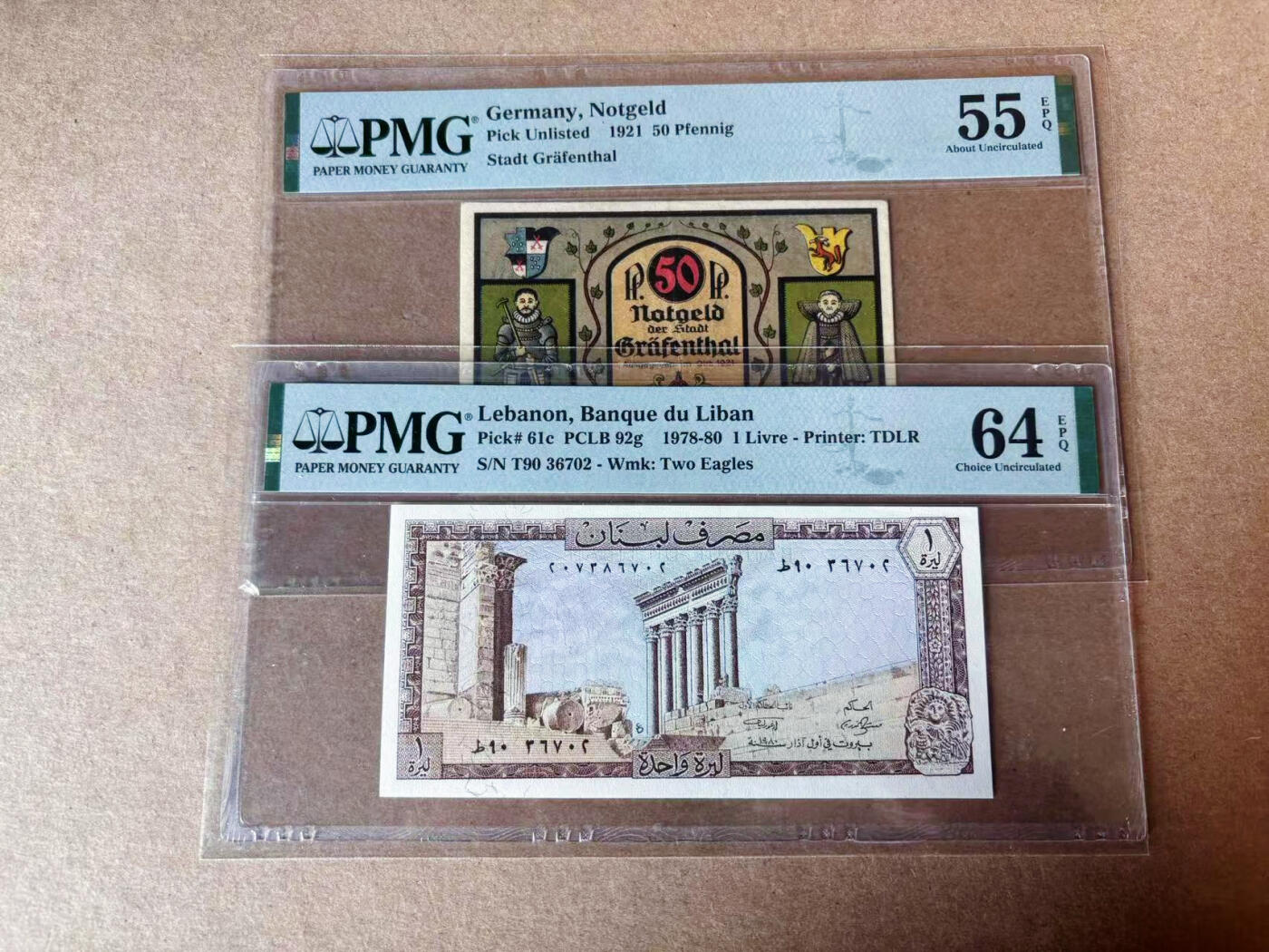 【Blue Auction】✨世界纸币精拍第591期【精】 【一组2张】黎巴嫩 1978-80年1里弗 PMG64EPQ&德国 1921年50芬宁 PMG55EPQ 
