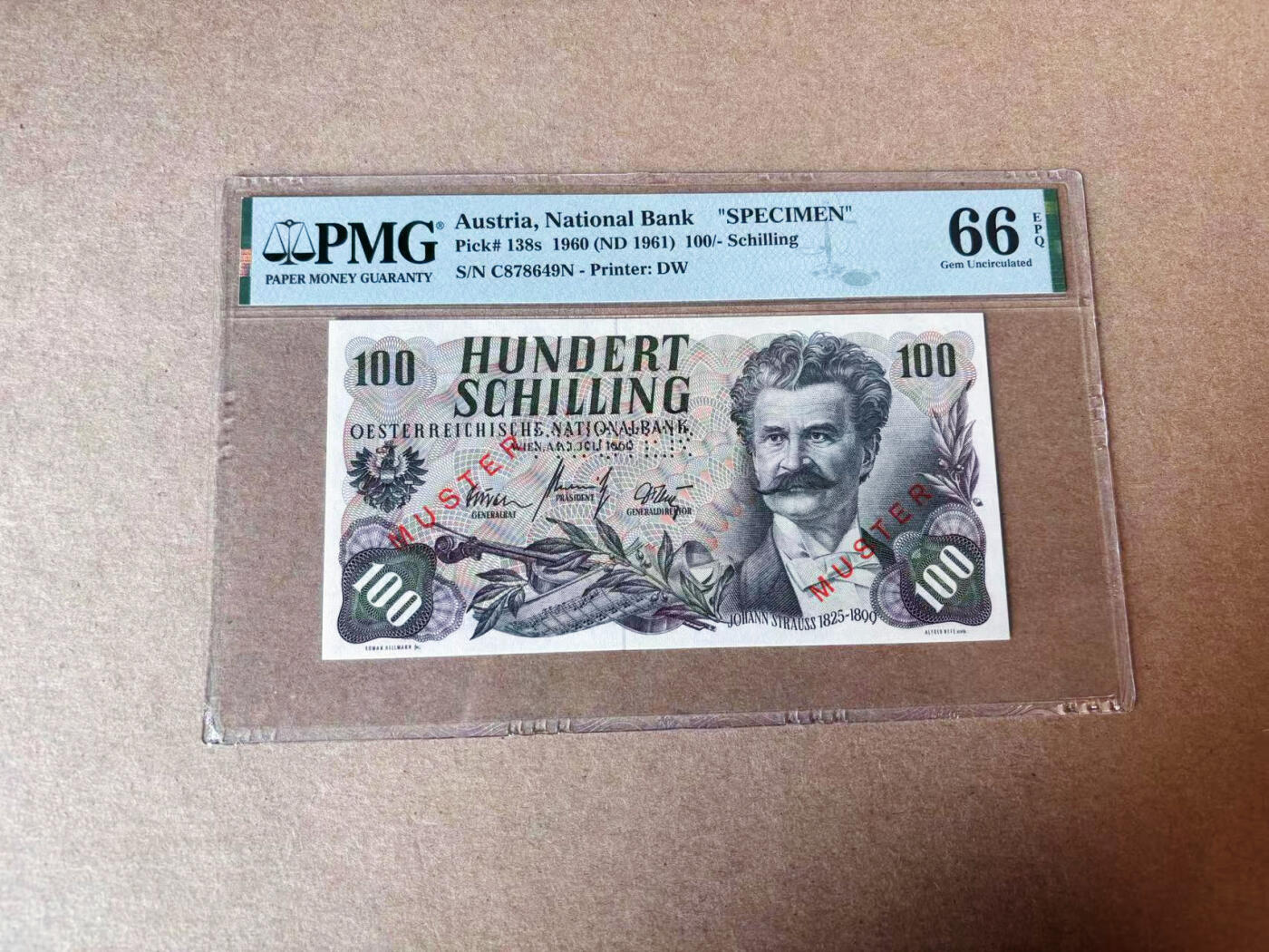 【Blue Auction】✨世界纸币精拍第591期【精】 【冠军分 样钞少见】奥地利 1960年100先令 斯特劳斯 PMG66EPQ 