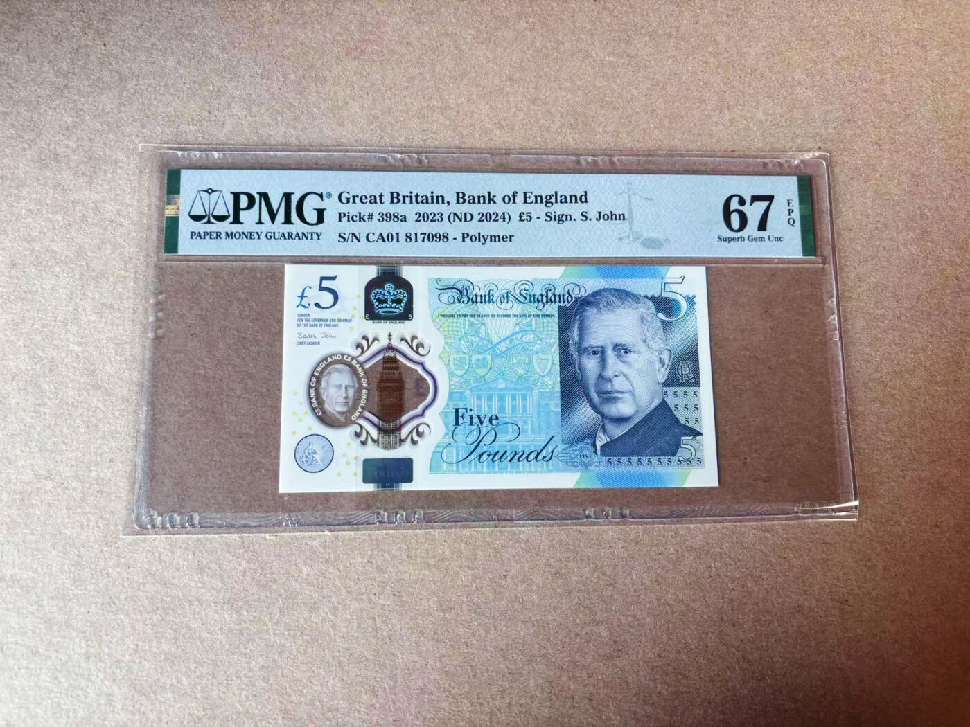【Blue Auction】✨世界纸币精拍第591期【精】 【CA01首发冠】英国 2024年5镑  PMG67EPQ 高分