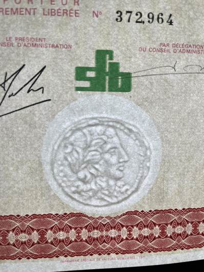 1881年法国化学材料公司股票，有水印，雕刻版钢凹防伪印刷 1881年法国化学材料公司股票，有水印，雕刻版钢凹防伪印刷