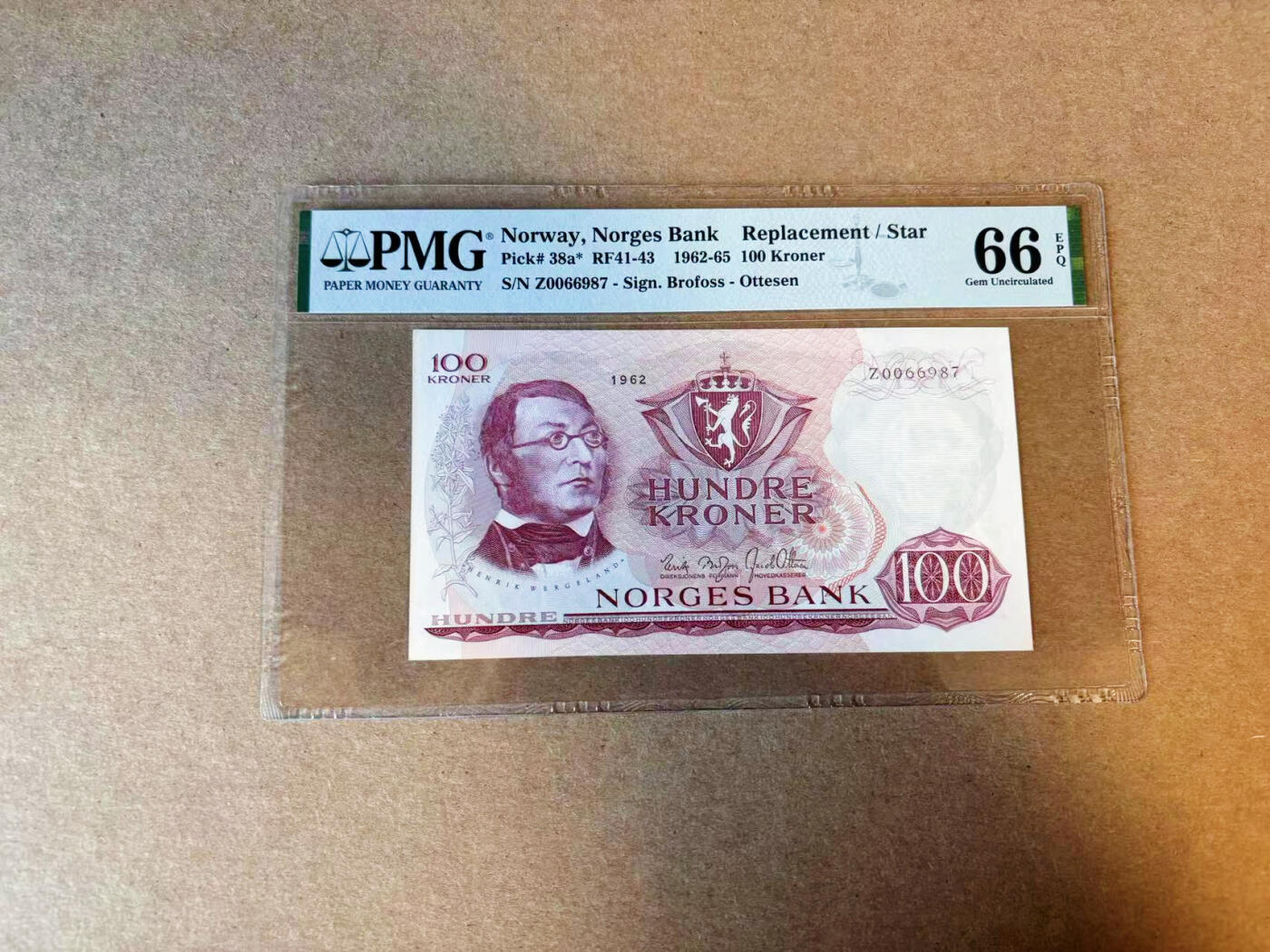 【Blue Auction】✨世界纸币精拍第591期【精】 【补号】挪威 1962-65年100克朗 PMG66EPQ 