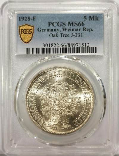 博洋堂世界钱币拍卖第102期（全场包邮） - PCGS MS66 德国魏玛1928年大橡树5马克银币，超级粉光，出厂状态，超高分！
