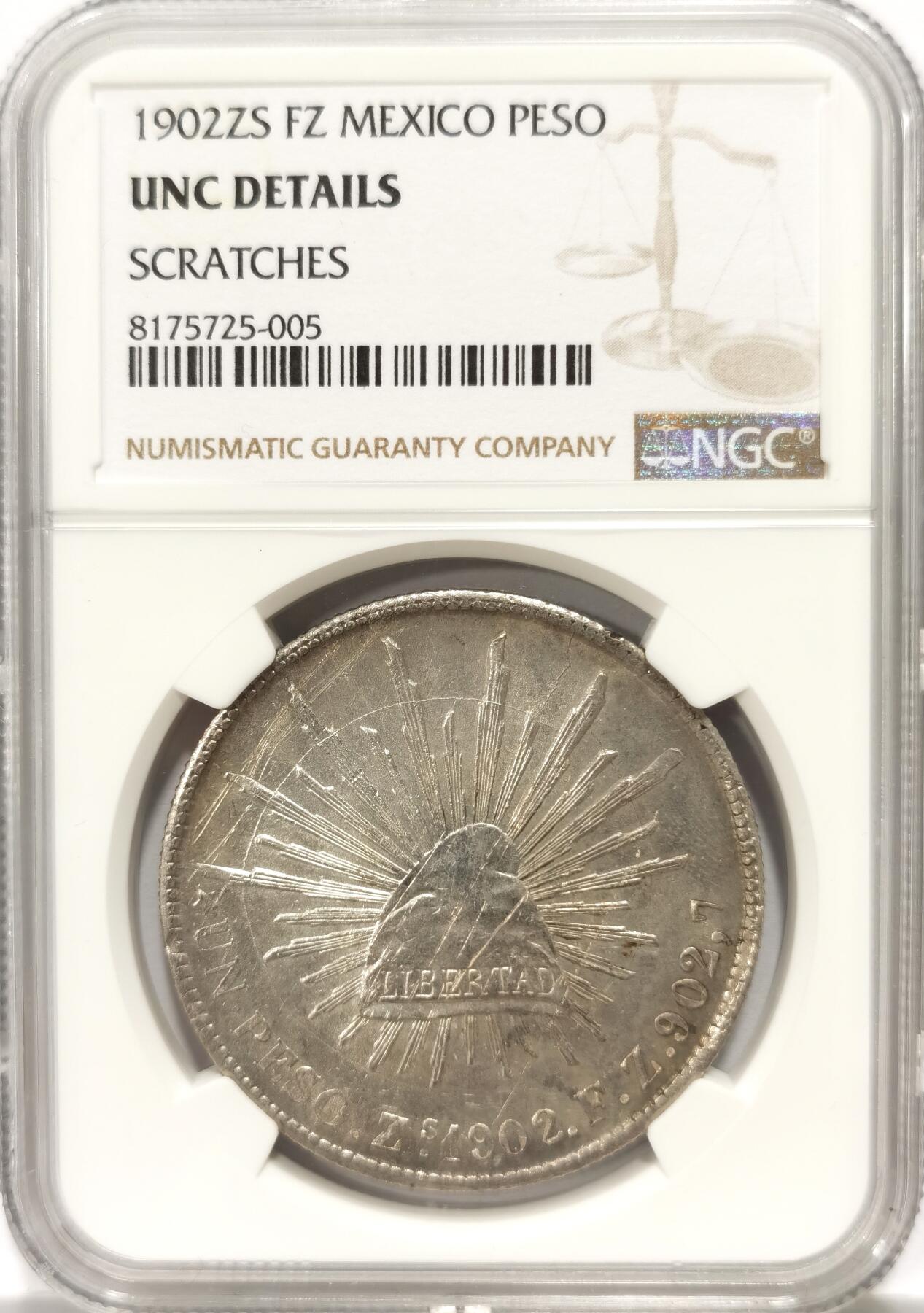 博洋堂世界钱币拍卖第102期（全场包邮） NGC UNC 墨西哥1902年ZS FZ版直边鹰洋