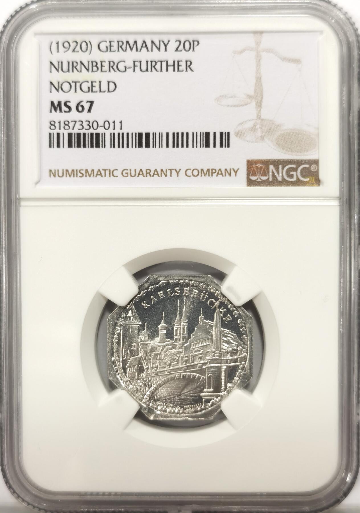 博洋堂世界钱币拍卖第102期（全场包邮） NGC MS67 德国德紧纽伦堡1920年电车代用币20芬尼八角铝币-城市景观，极品高分