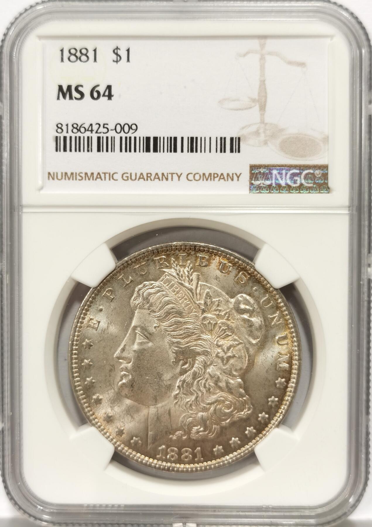 博洋堂世界钱币拍卖第102期（全场包邮） NGC MS64 美国1881年摩根银币，相对少见的费城版，边缘泛起微彩，光度十足。
