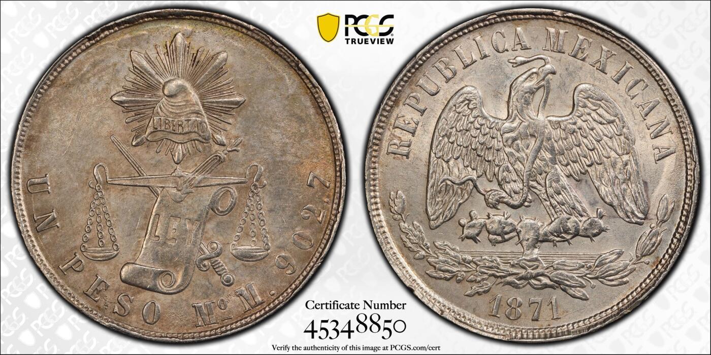 博洋堂世界钱币拍卖第102期（全场包邮） PCGS MS62 1871年MO M版墨西哥天平鹰洋。PCGS亚军分数。卷首原味黄油鹰洋酱彩包浆状态极佳，天平鹰洋少见能有如此高分者，此枚状态极佳。上周博洋堂同年份62分7696元成交，盒子背面左上角有小磕