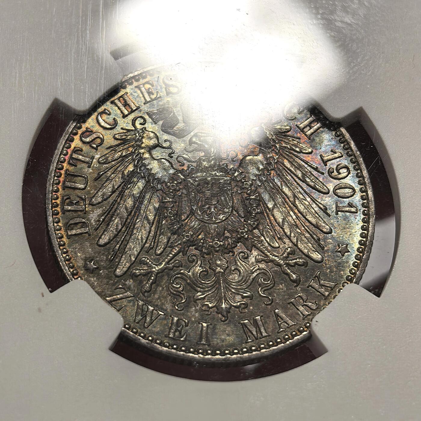 博洋堂世界钱币拍卖第102期（全场包邮） NGC MS63 德国普鲁士1901年建国纪念2马克高分小银