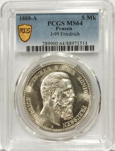 博洋堂世界钱币拍卖第102期（全场包邮） - PCGS MS64 德国普鲁士1888年三皇5马克银币，粉光，大热门品种