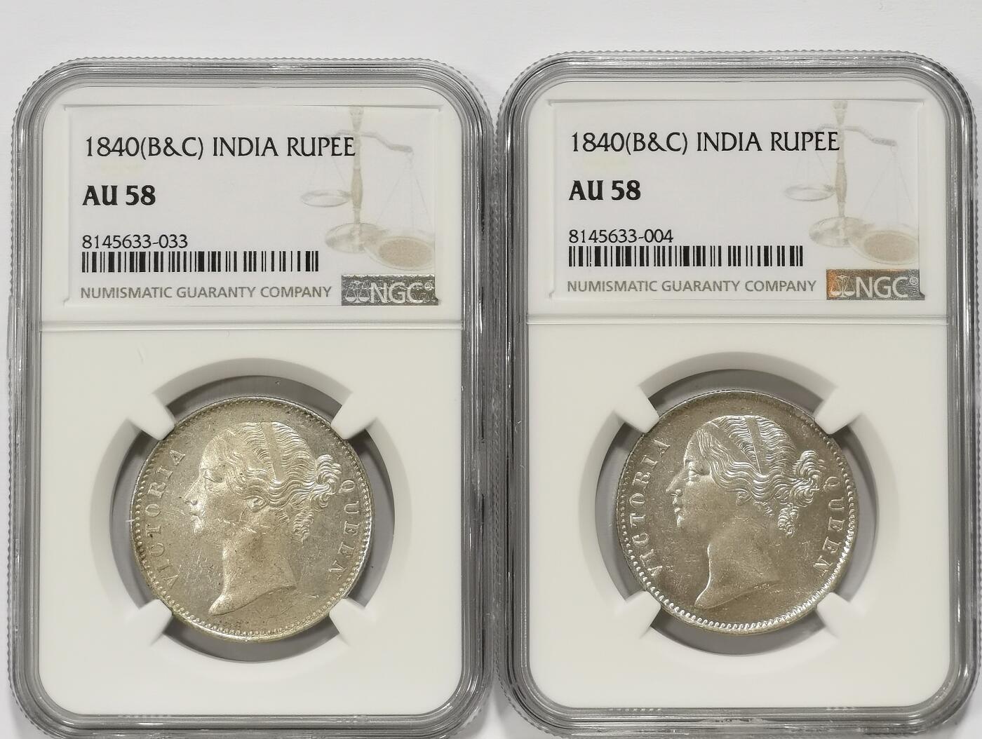 博洋堂世界钱币拍卖第102期（全场包邮） NGC AU58 英属东印度公司1840年维多利亚双辫版1卢比银币2枚一对2