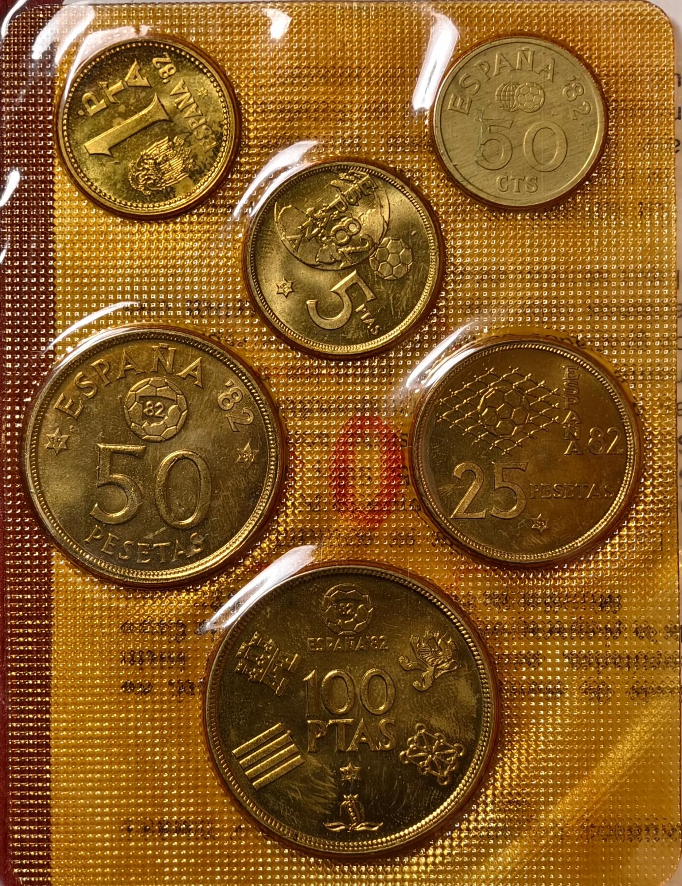 紫瑗钱币——第464期 西班牙 1982年 足球世界杯纪念币 100 50 25 5 1 0.5比赛塔 共6枚