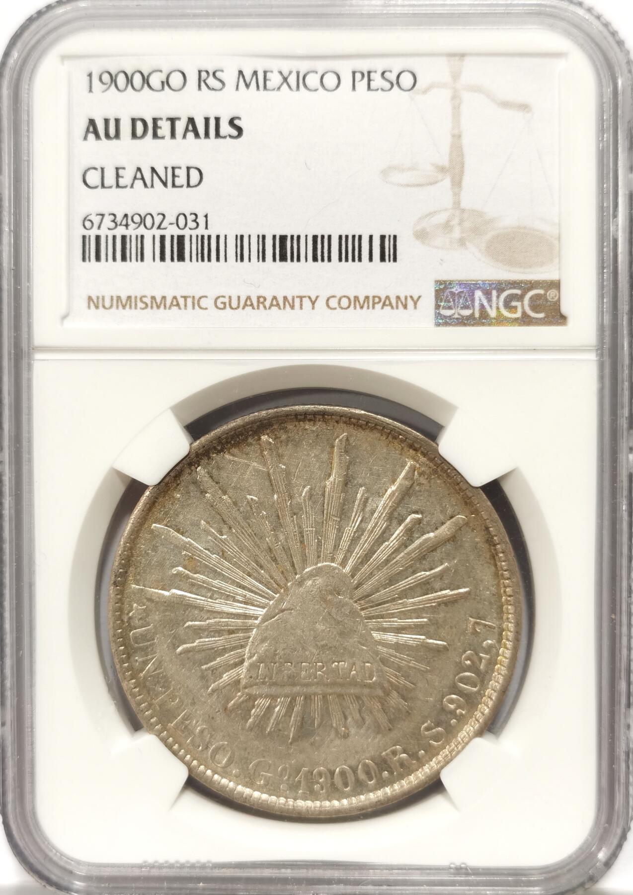 博洋堂世界钱币拍卖第102期（全场包邮） NGC AU 墨西哥1900年GO RS版直边鹰洋