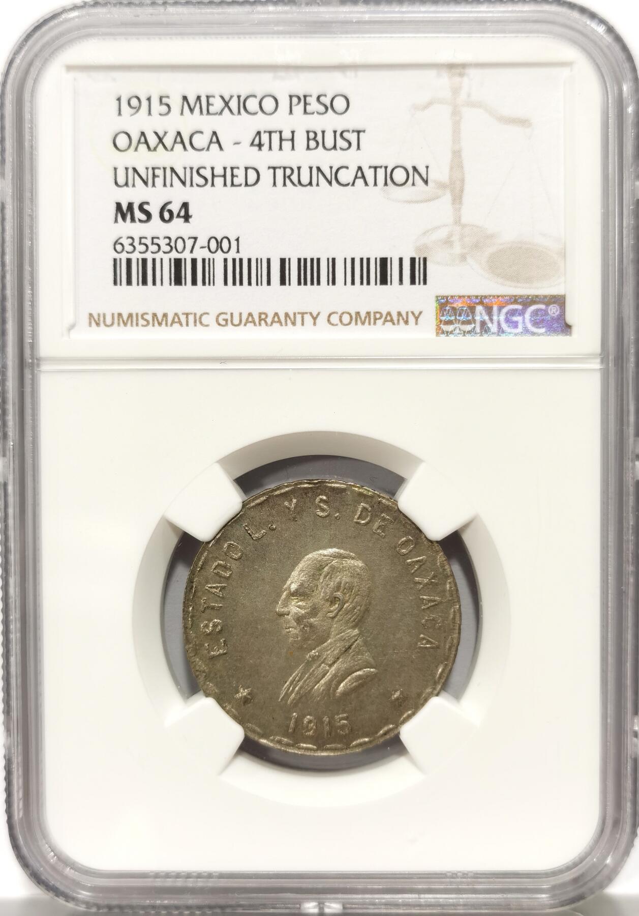 博洋堂世界钱币拍卖第102期（全场包邮） NGC MS64 1915年墨西哥瓦卡哈州起义军铸造1比索银币，少见品种，高分尤为罕见，亚军分数。罕见第四版人像，极少出现在公开市场中的品种。SBP近期同品种63分曾有360美元成交，折合人民币2700元。盒子背面左下角有小磕