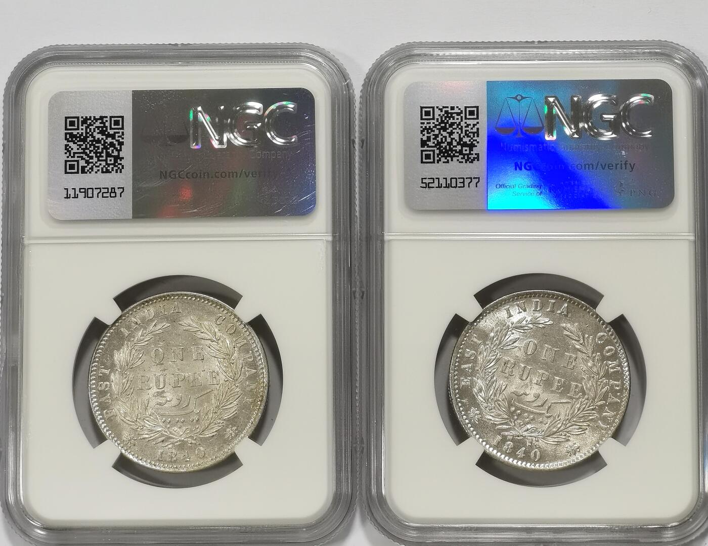 博洋堂世界钱币拍卖第102期（全场包邮） NGC AU58 英属东印度公司1840年维多利亚双辫版1卢比银币2枚一对2