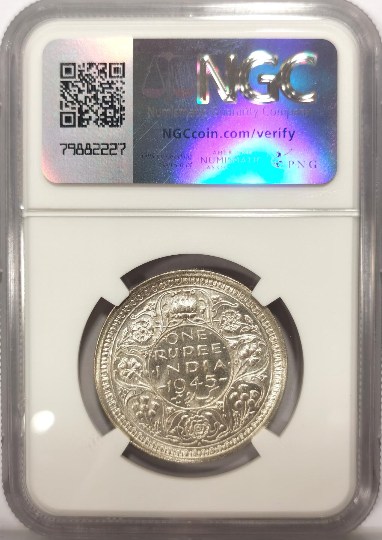 博洋堂世界钱币拍卖第102期（全场包邮） NGC MS63 英属印度1945年B版乔治六世1卢比银币，BU原卷