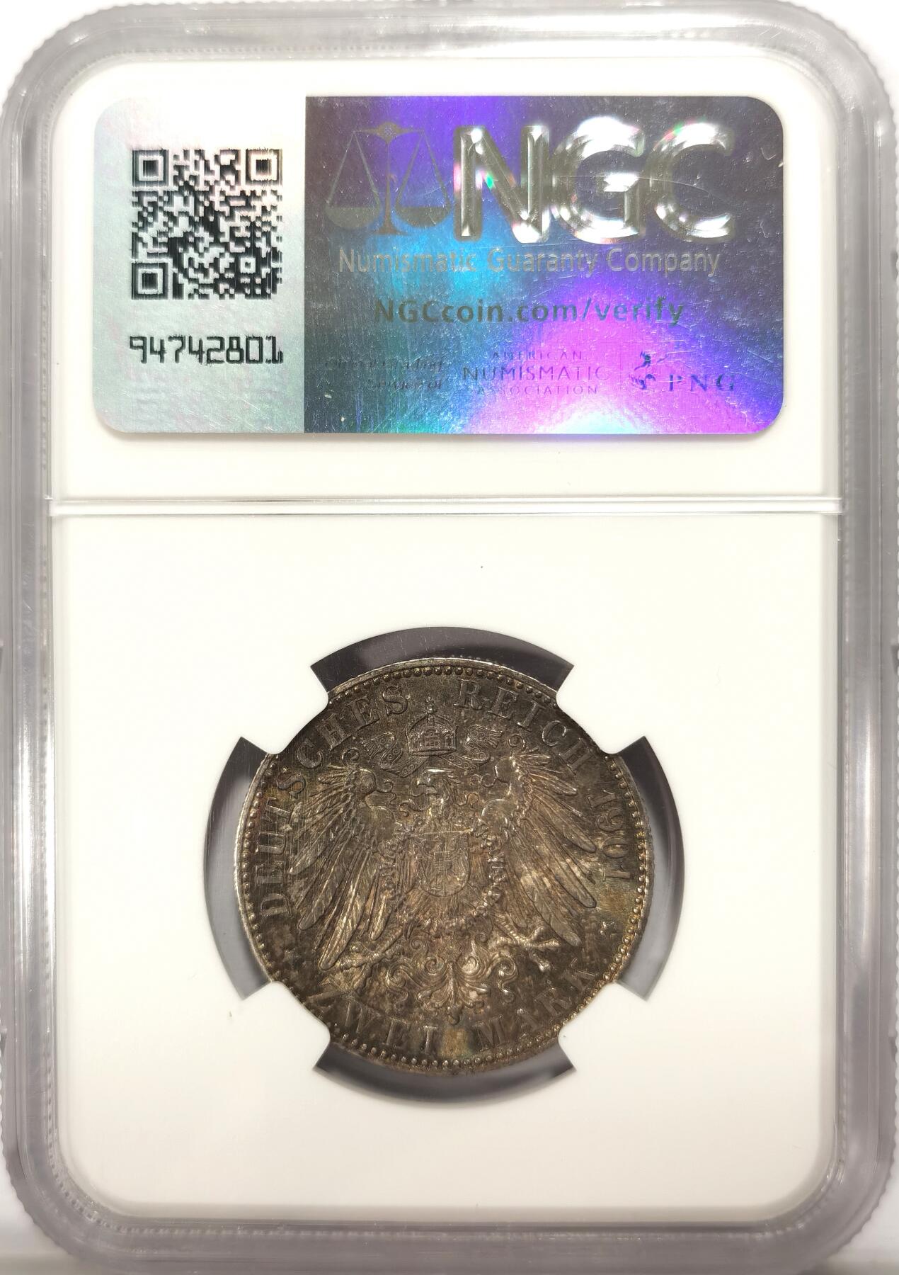 博洋堂世界钱币拍卖第102期（全场包邮） NGC MS63 德国普鲁士1901年建国纪念2马克高分小银