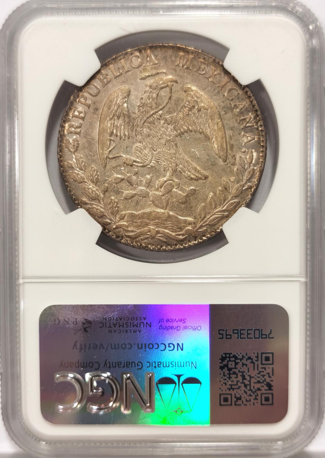 博洋堂世界钱币拍卖第102期（全场包邮） NGC AU55 墨西哥1863年MO CH版花边鹰洋，少见中期鹰洋