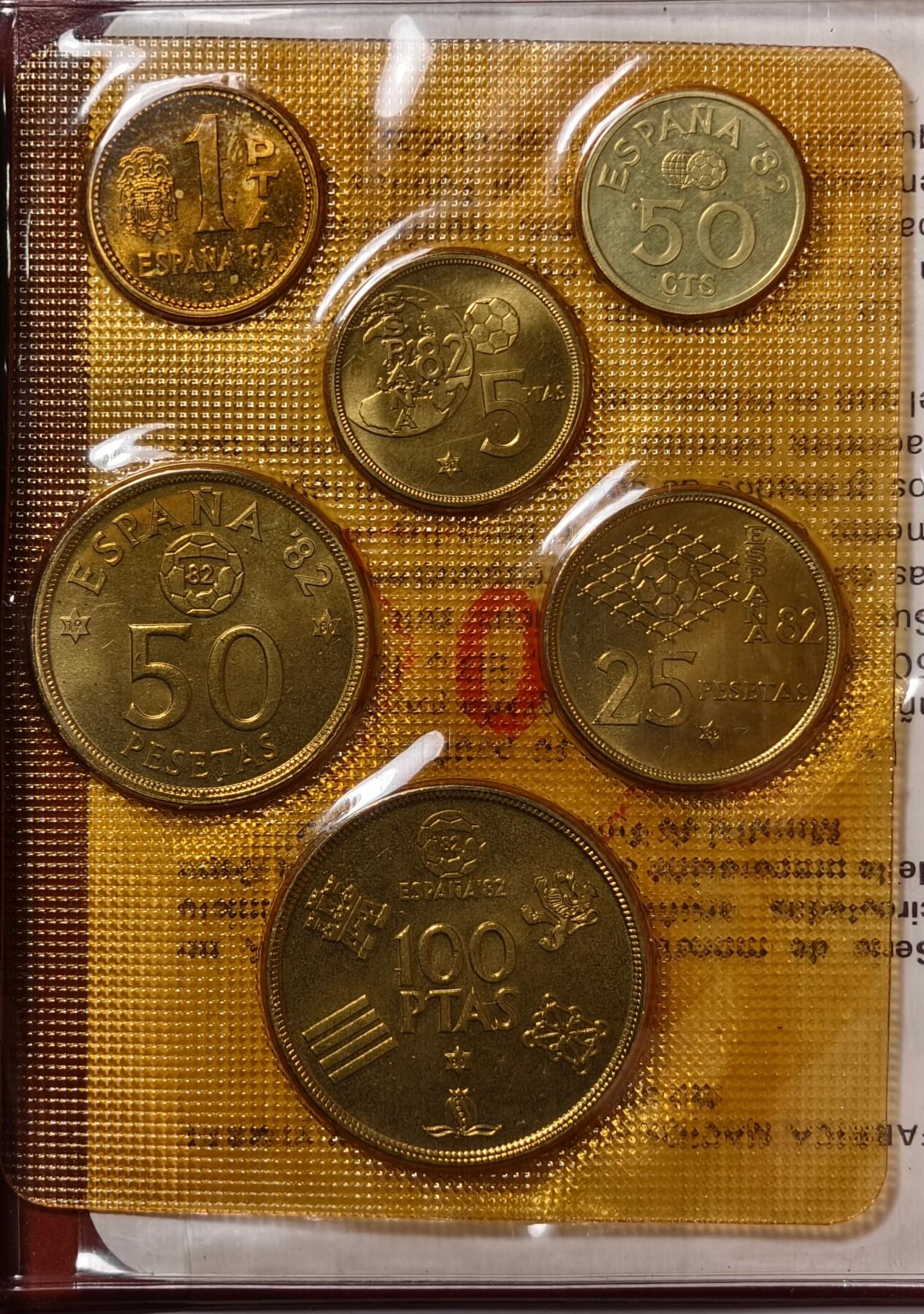 紫瑗钱币——第462期 西班牙 1982年 足球世界杯纪念币 100 50 25 5 1 0.5比赛塔 共6枚