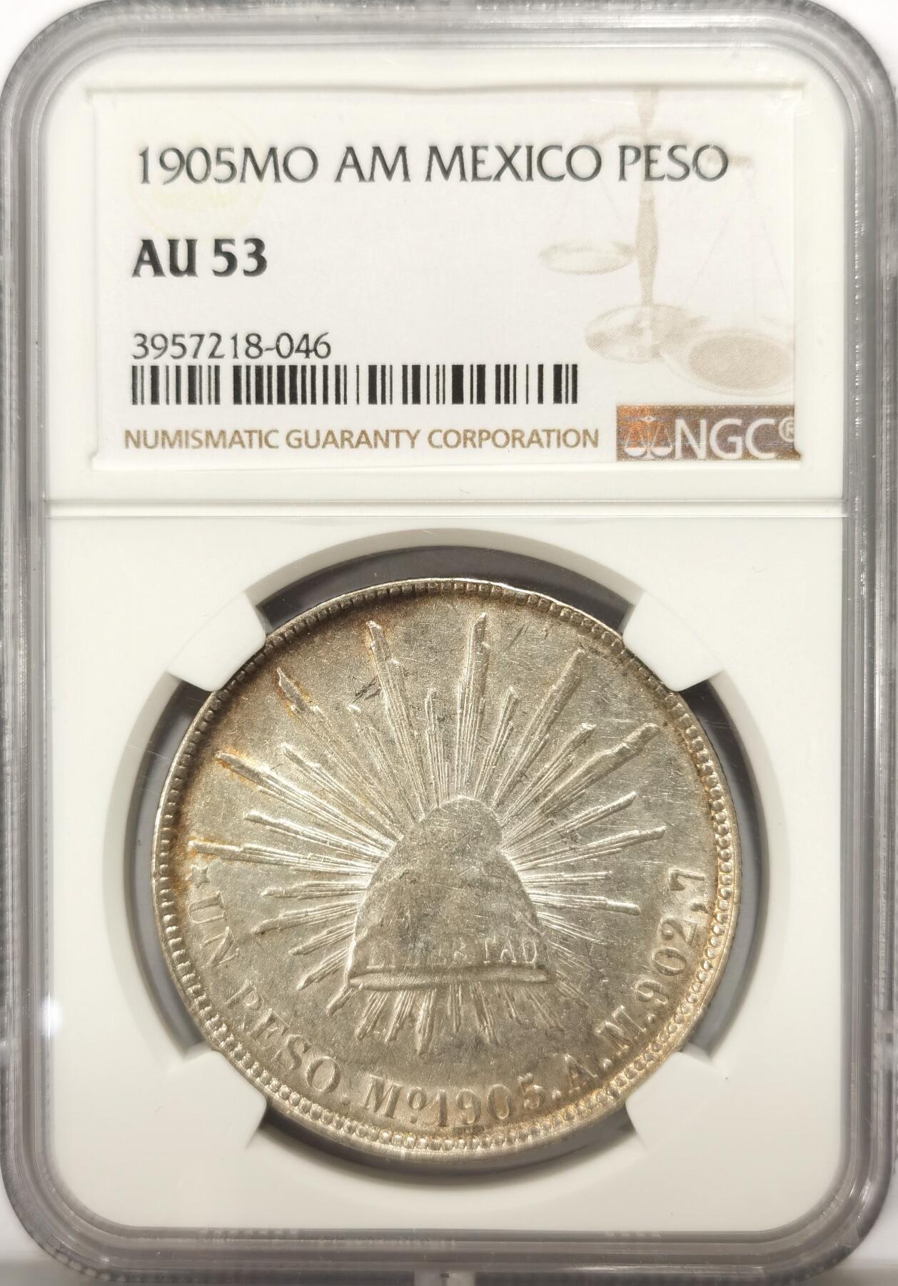 博洋堂世界钱币拍卖第102期（全场包邮） NGC AU53 墨西哥1905年MO AM版直边鹰洋