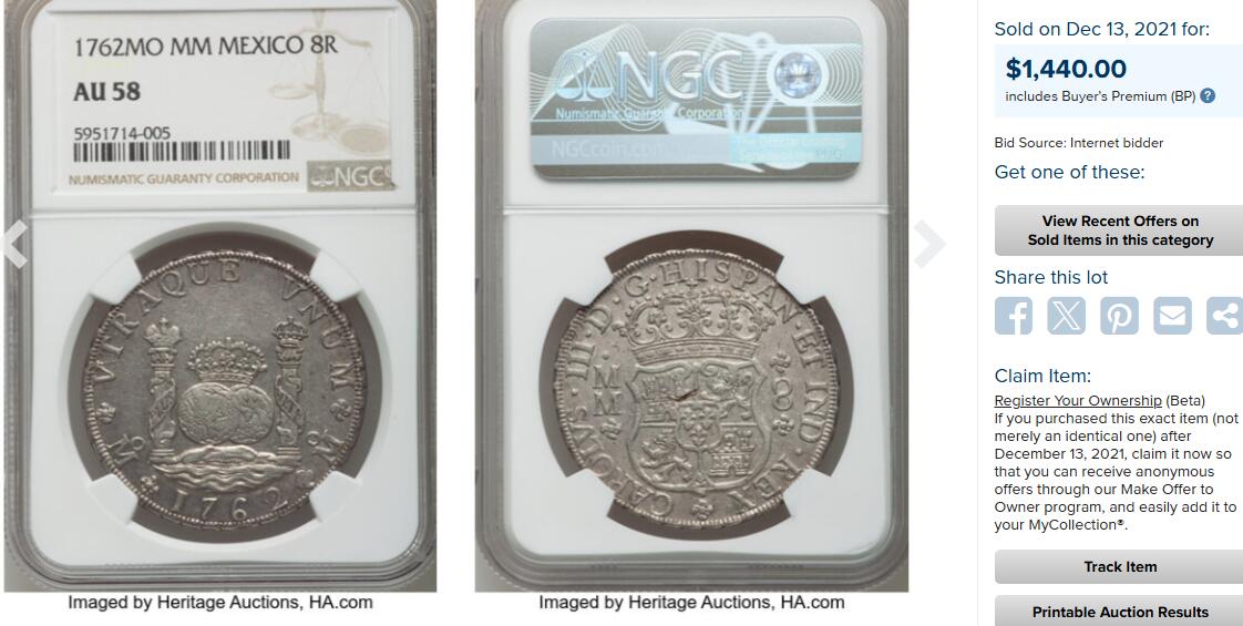 博洋堂“不负春光”二月精品专场暨第112期（全场包邮） NGC AU58 西属墨西哥1762年MO MM卡洛斯三世地球双柱银币，原味包浆，底光十足，值得收藏的美洲经典主币