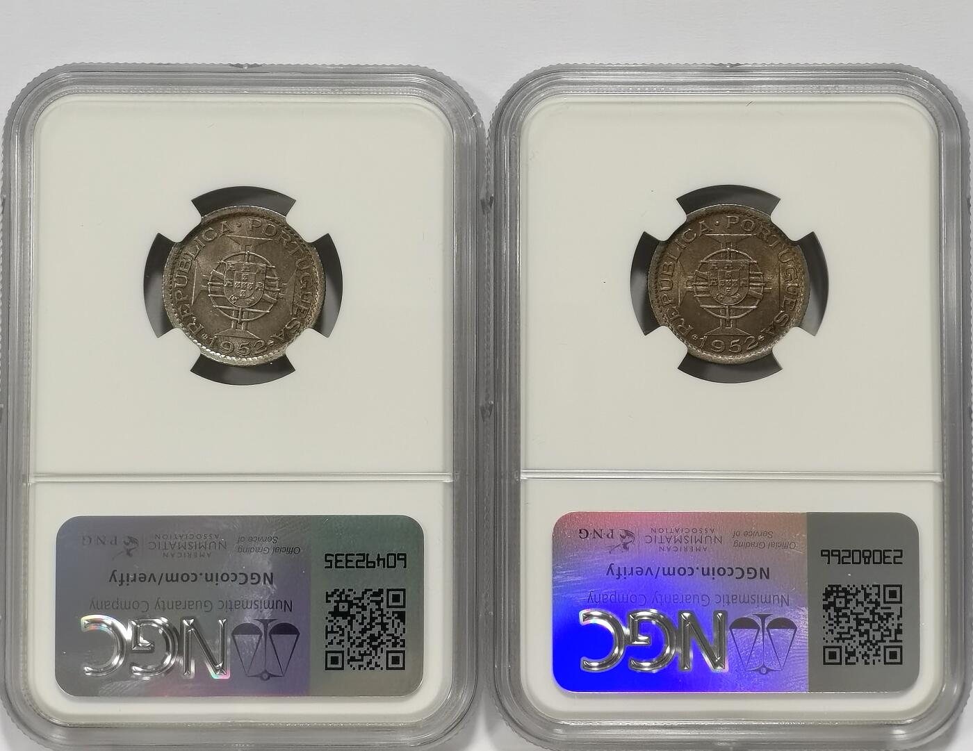 博洋堂世界钱币拍卖第102期（全场包邮） NGC MS64/65 葡属澳门1952年首版伍毫2枚一对