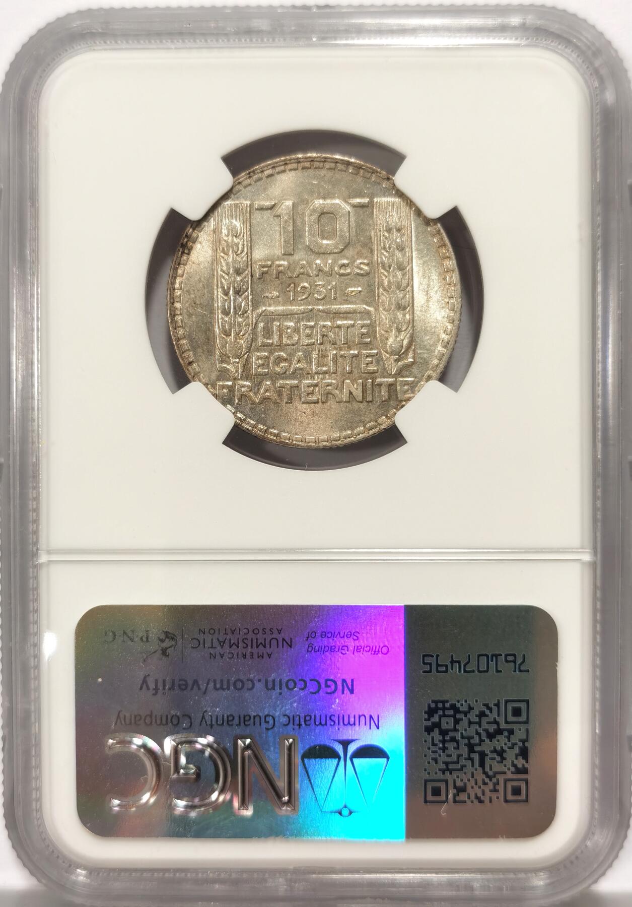 博洋堂世界钱币拍卖第102期（全场包邮） NGC MS64 法国1931年10法郎银币，光度上佳，人像霜感十足。
