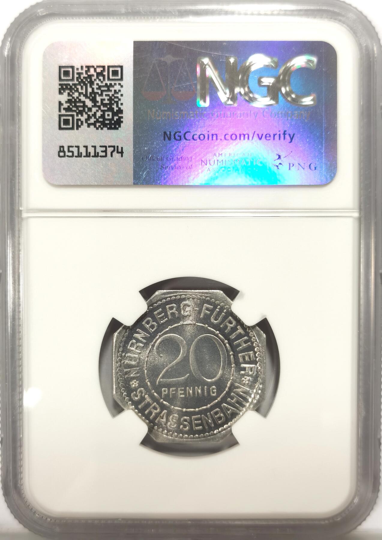 博洋堂世界钱币拍卖第102期（全场包邮） NGC MS67 德国德紧纽伦堡1920年电车代用币20芬尼八角铝币-城市景观，极品高分