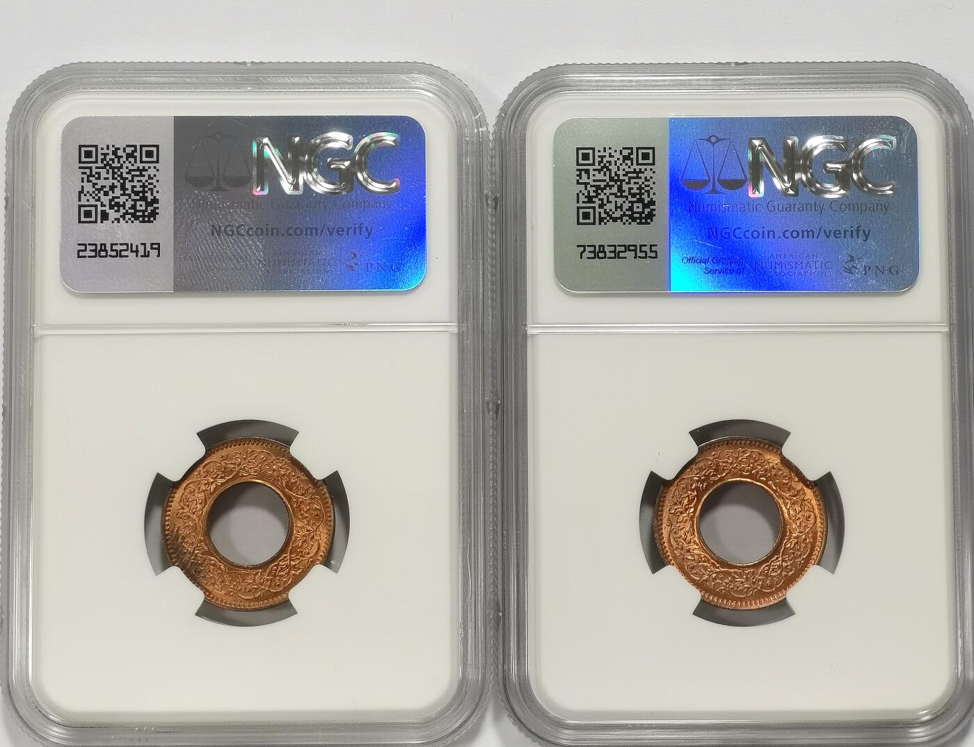 博洋堂世界钱币拍卖第102期（全场包邮） NGC MS64RB 英属印度1943/44年B版乔治六世1派沙铜币2枚一对，高冠版