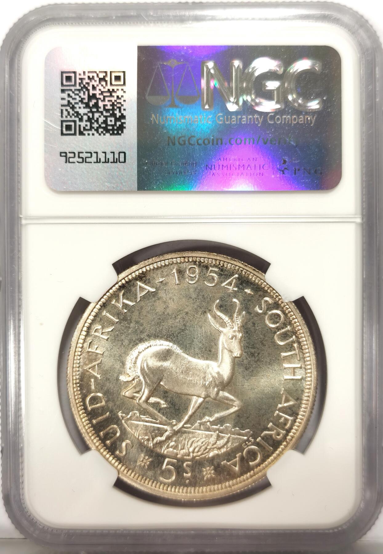 博洋堂世界钱币拍卖第102期（全场包邮） NGC PL66 南非1954年伊丽莎白头像羚羊5先令大银币，发行量才4千！季军分！