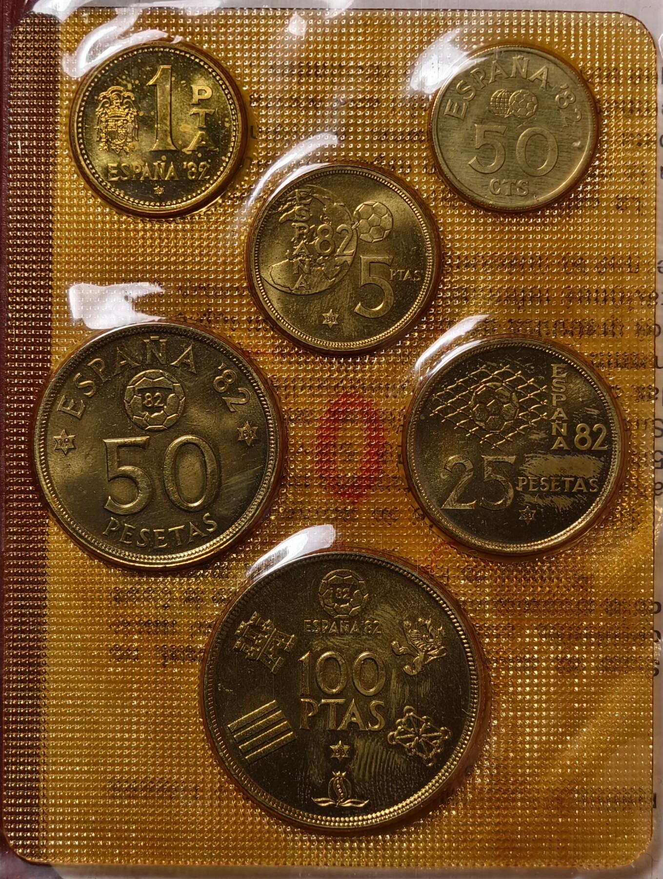 紫瑗钱币——第462期 西班牙 1982年 足球世界杯纪念币 100 50 25 5 1 0.5比赛塔 共6枚