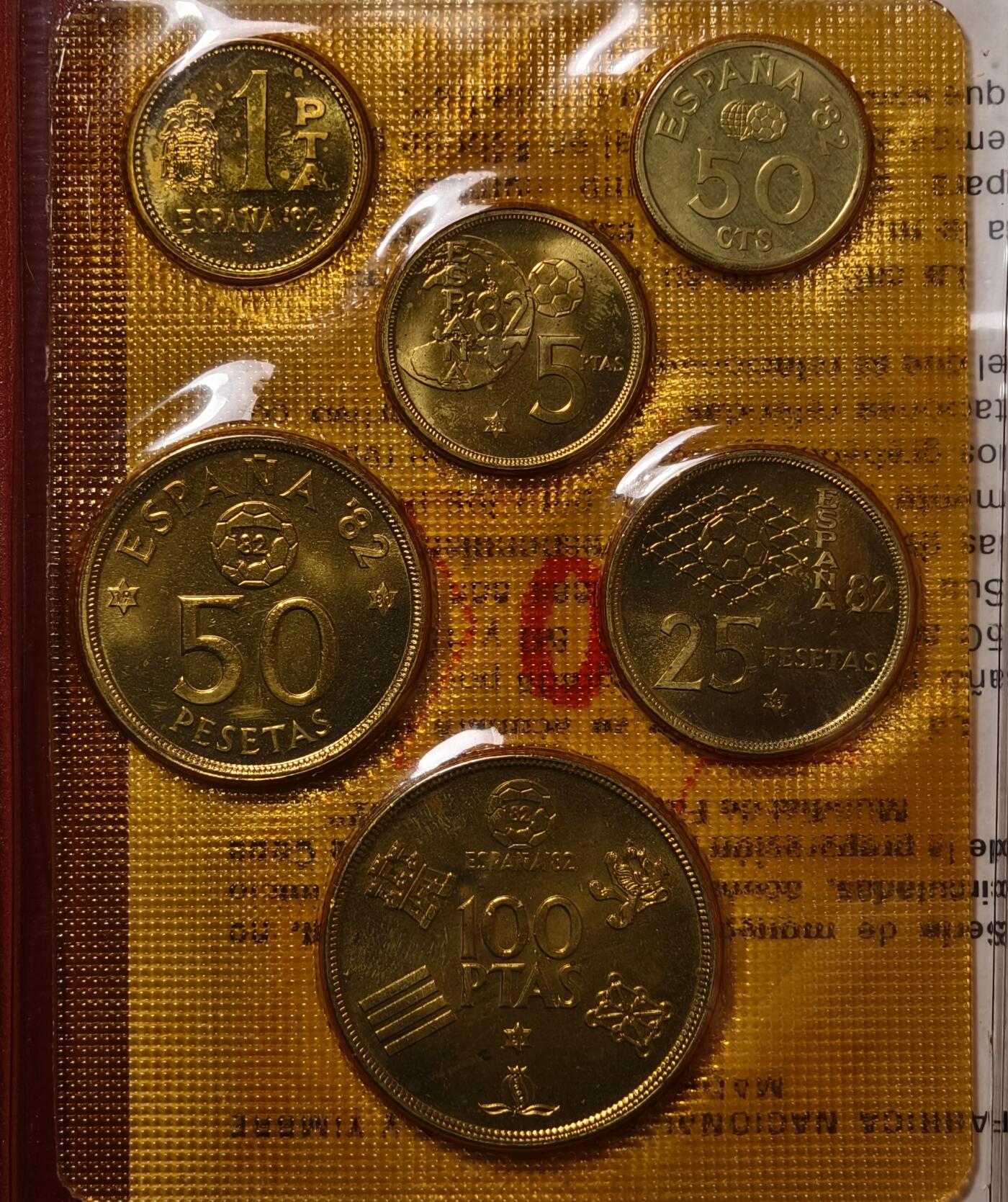 紫瑗钱币——第462期 西班牙 1982年 足球世界杯纪念币 100 50 25 5 1 0.5比赛塔 共6枚