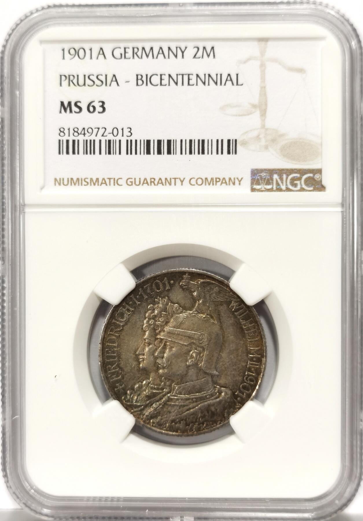 博洋堂世界钱币拍卖第102期（全场包邮） NGC MS63 德国普鲁士1901年建国纪念2马克高分小银