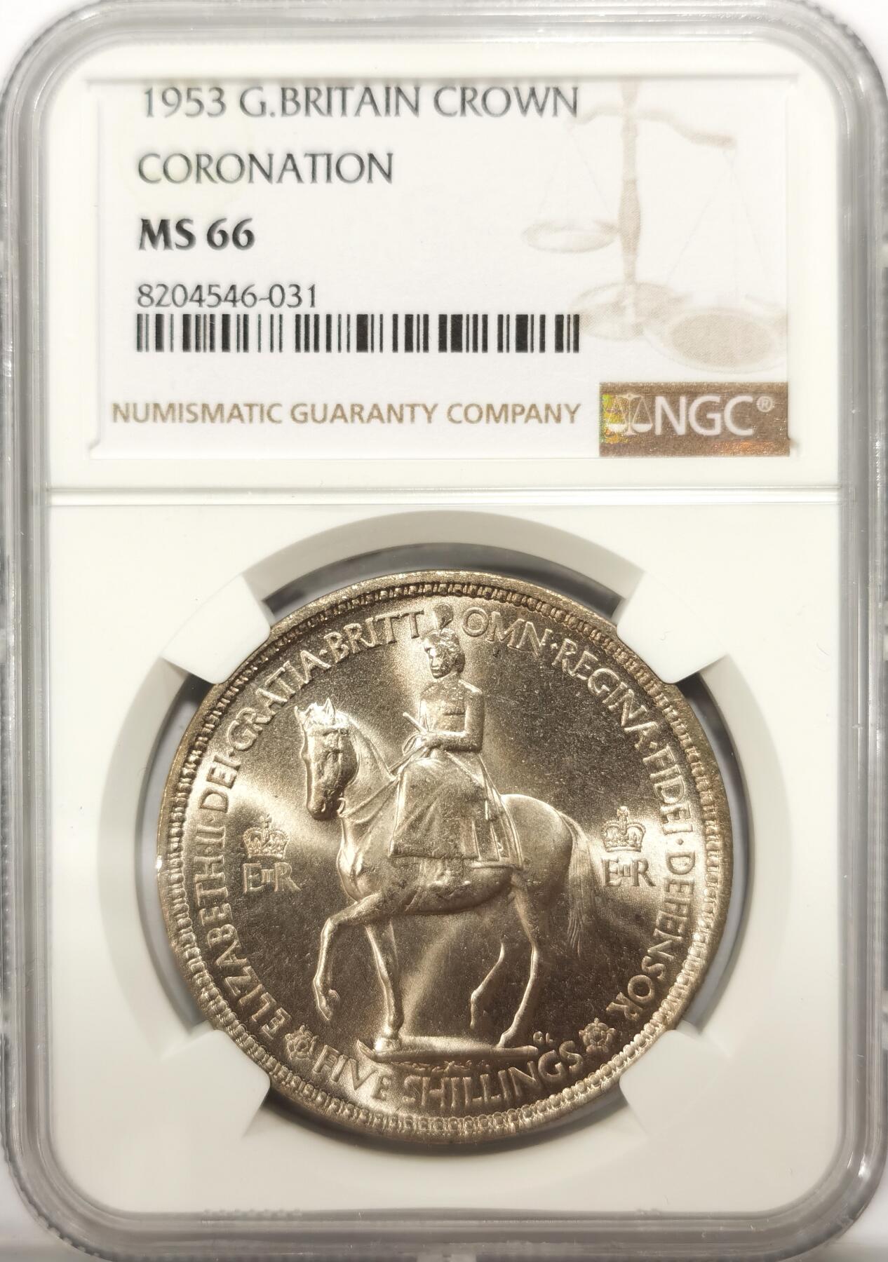 博洋堂世界钱币拍卖第102期（全场包邮） NGC MS66 英国1953年伊丽莎白二世登基纪念克朗，少见高分