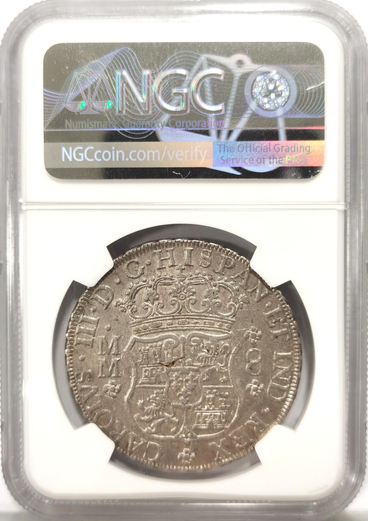 博洋堂“不负春光”二月精品专场暨第112期（全场包邮） NGC AU58 西属墨西哥1762年MO MM卡洛斯三世地球双柱银币，原味包浆，底光十足，值得收藏的美洲经典主币