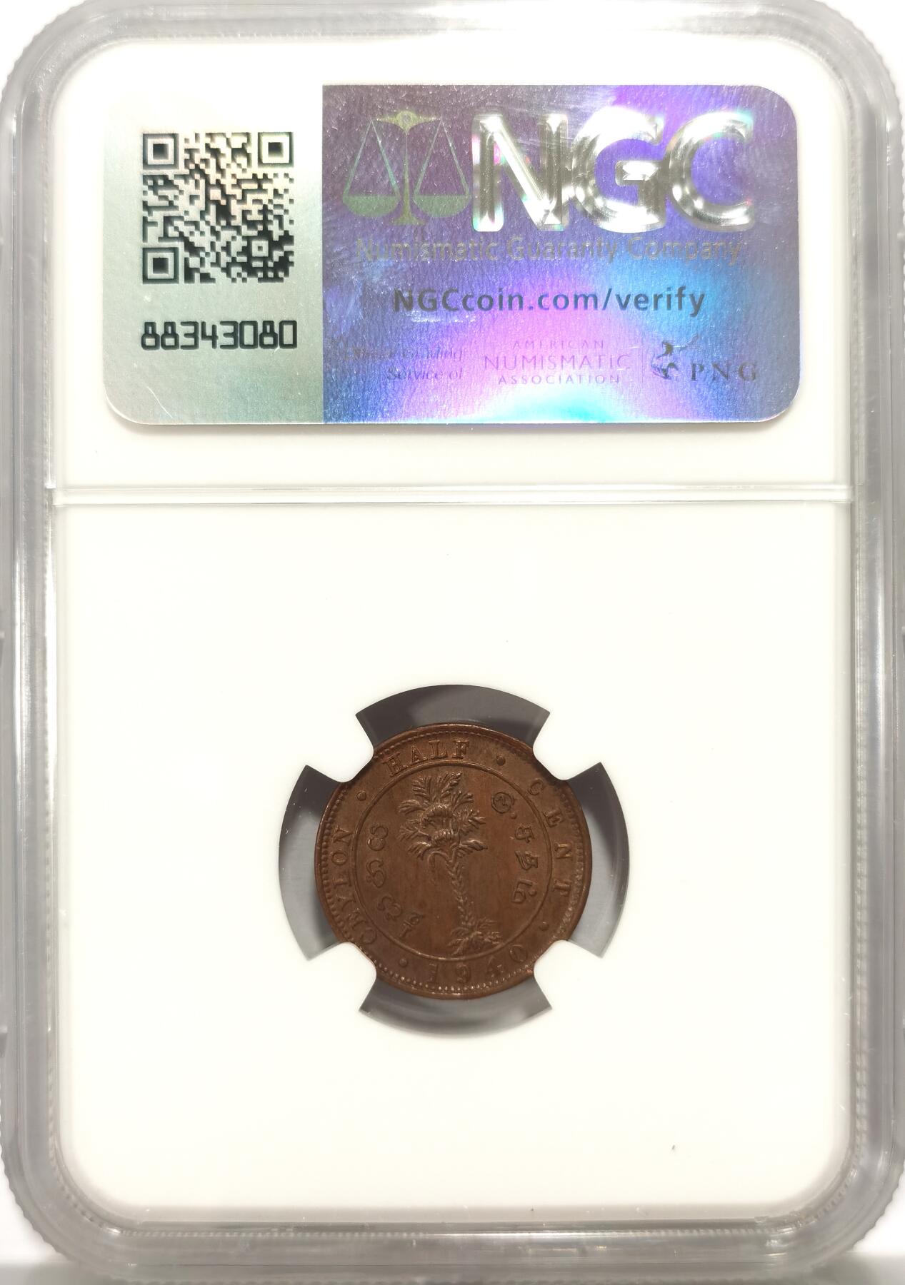 博洋堂世界钱币拍卖第102期（全场包邮） NGC MS62BN 英属锡兰1940年乔治六世1/2分铜币