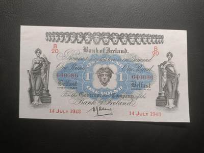 甲辰十二月第二拍 - 【拍品055】北爱尔兰爱尔兰银行1943年1镑UNC-油墨微模糊，仿白色英镑的风格，神话人物和妇人像，少见的早期北爱纸币