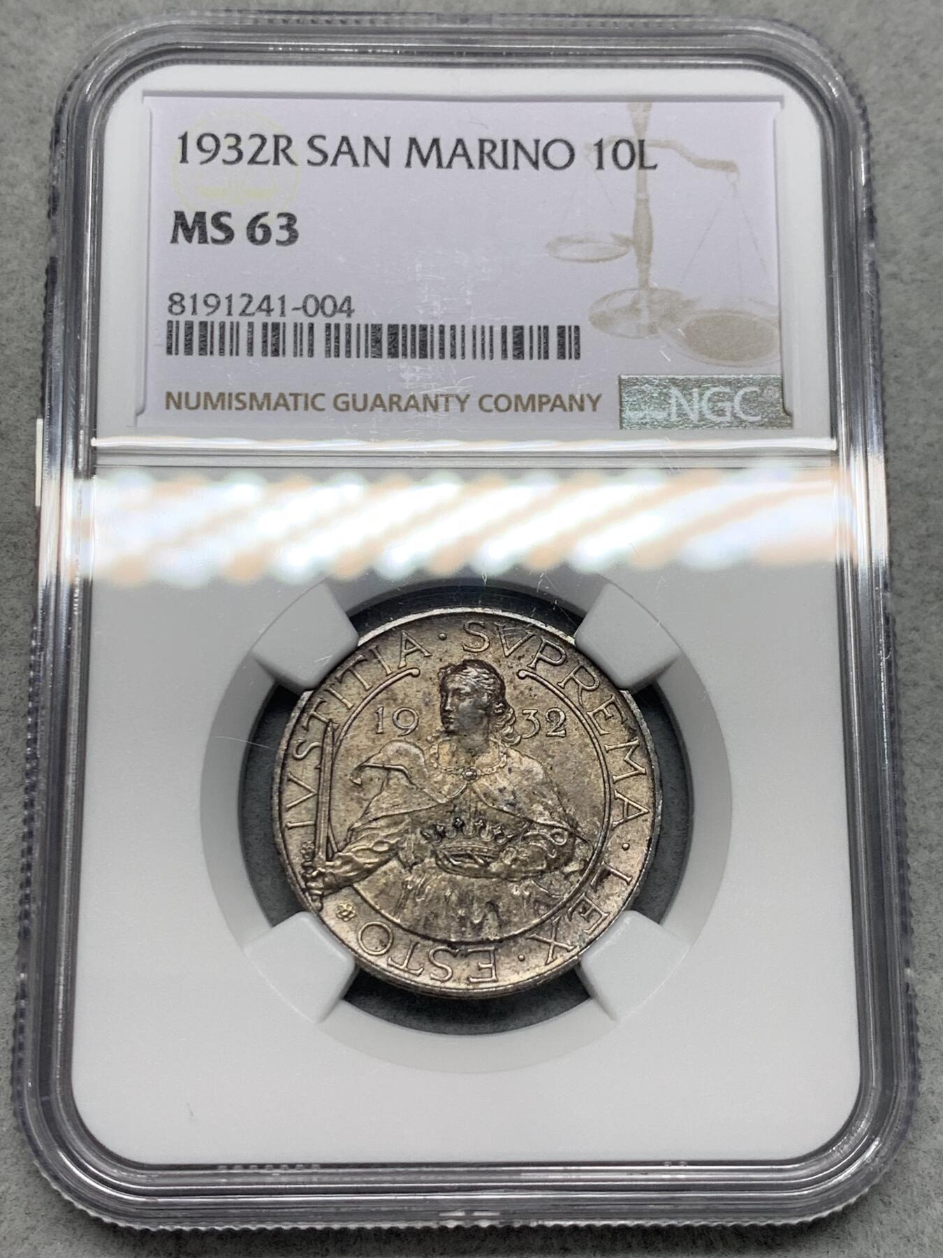 《竞宝斋》第335场 周日，周一 2场连拍 （全场包邮） NGC MS63 圣马力诺1932年10里拉银币