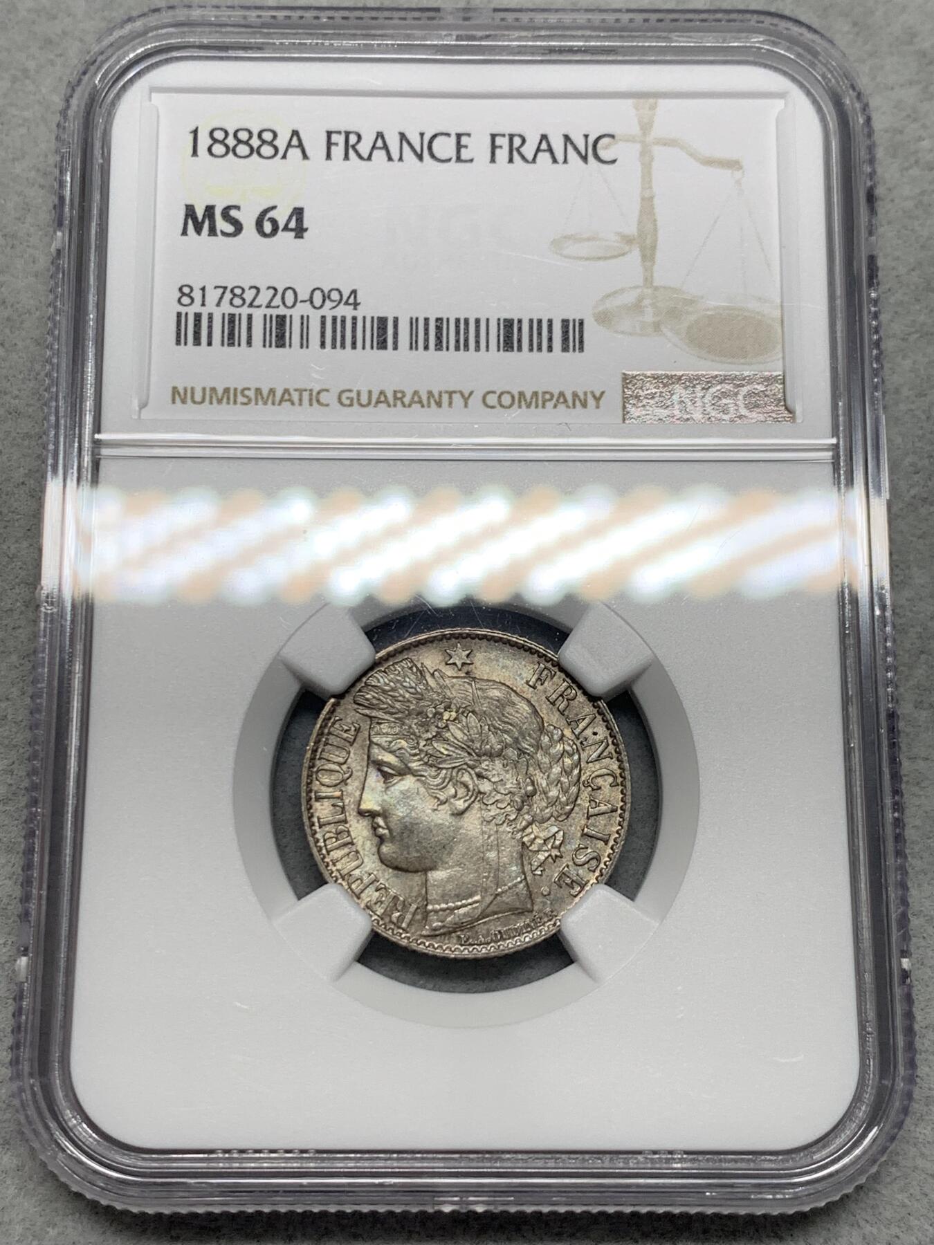 《竞宝斋》第335场 周日，周一 2场连拍 （全场包邮） NGC MS64 法国1888年谷物女神1法郎银币