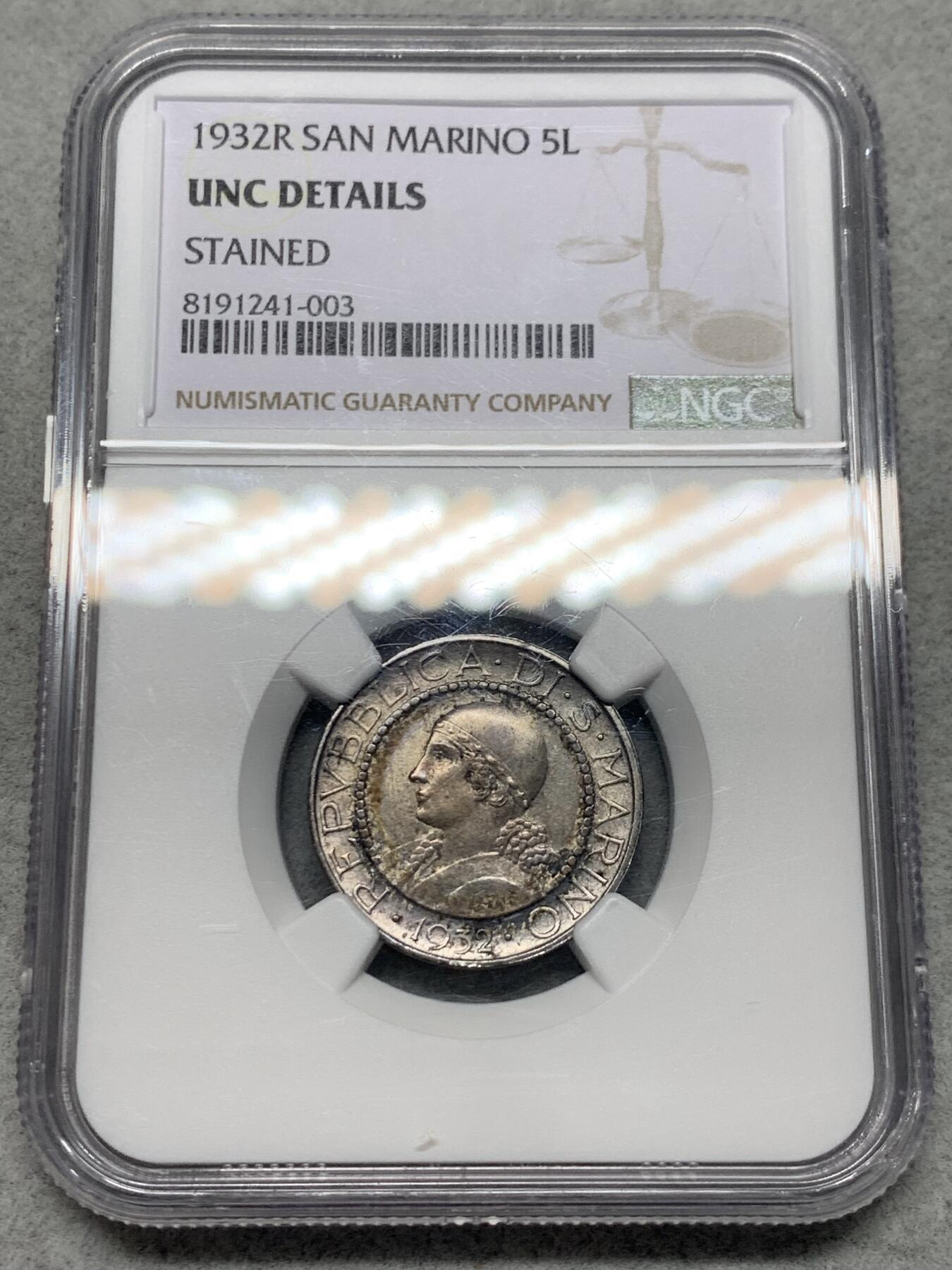 《竞宝斋》第335场 周日，周一 2场连拍 （全场包邮） NGC UNCD 圣马力诺1932年5里拉银币