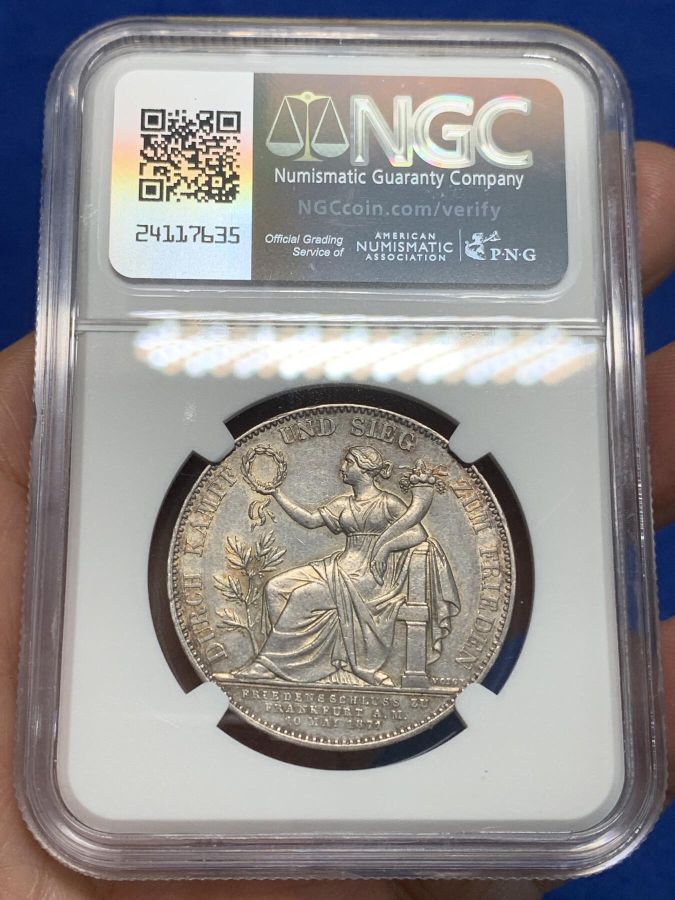 《竞宝斋》第335场 周日，周一 2场连拍 （全场包邮） NGC AU58 德国1871巴伐利亚胜利泰勒银币，币面细节到位，上海严评。