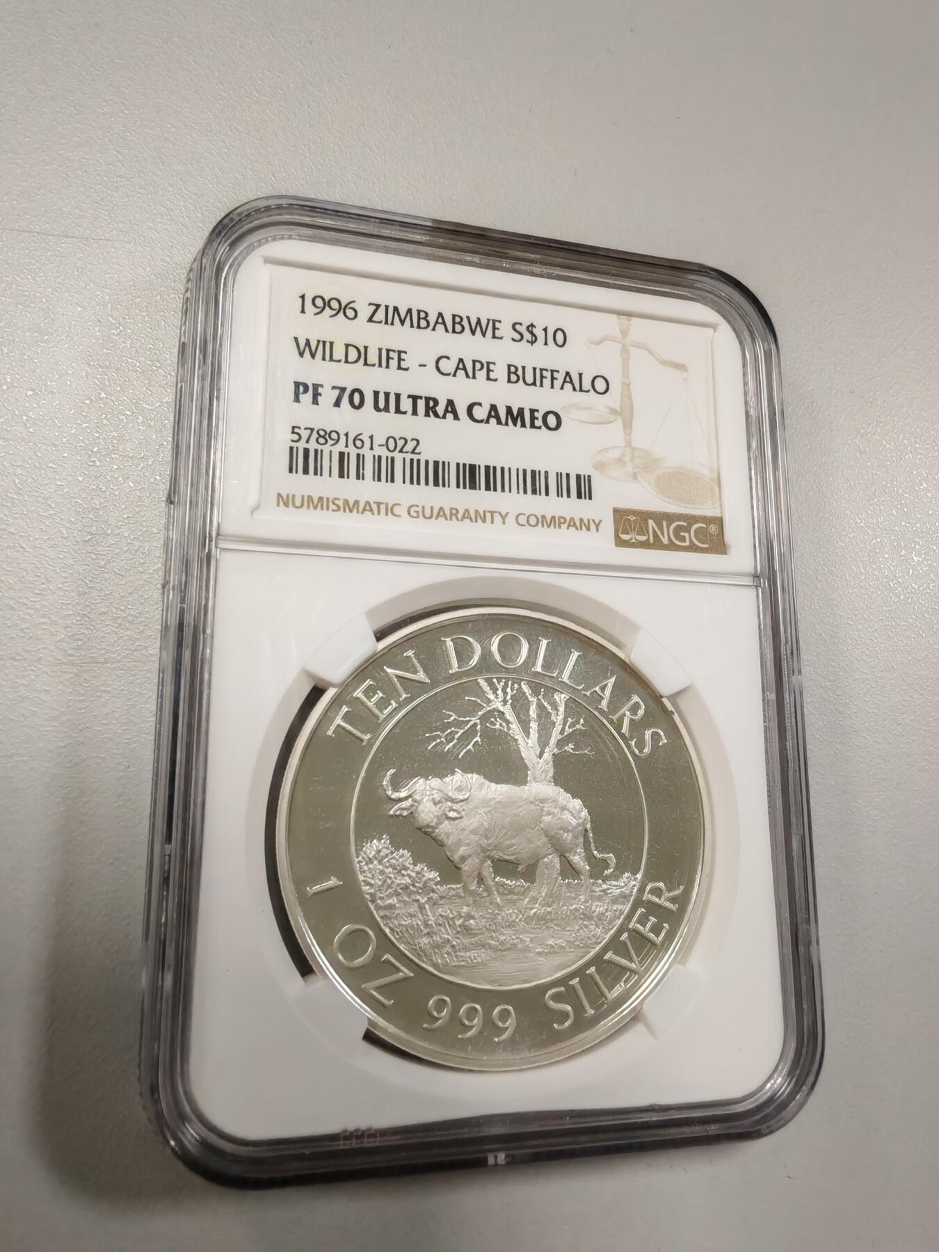 长老汇龙年精选第三十四场拍卖 1996 津巴布韦水牛10元精制银币，NGC PF70UC，唯一冠军，eBay同类2000元-5000元