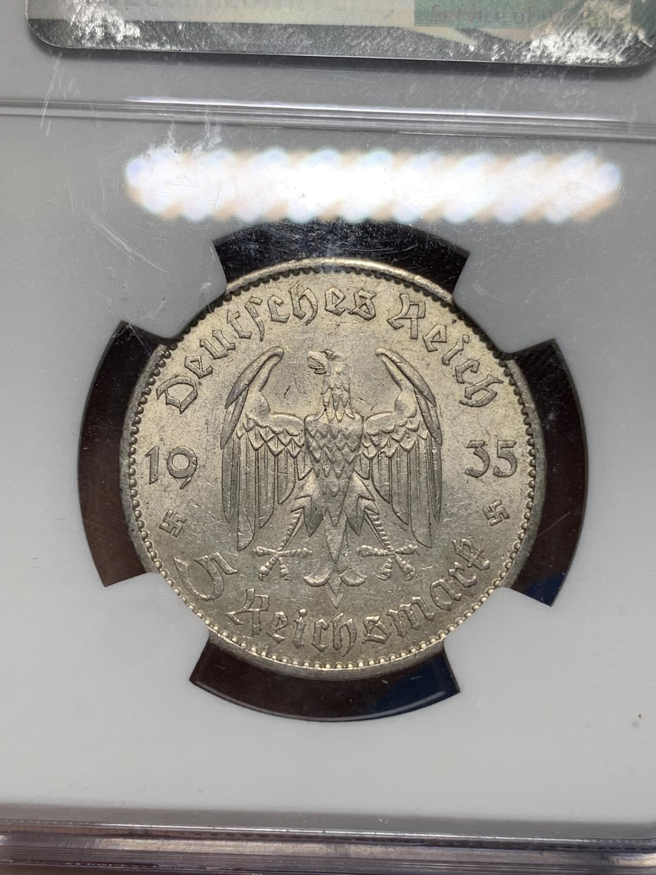 《竞宝斋》第335场 周日，周一 2场连拍 （全场包邮） NGC MS61 德国1935年教堂5马克银币