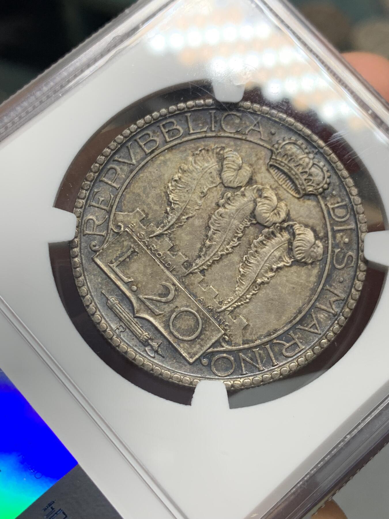 《竞宝斋》第335场 周日，周一 2场连拍 （全场包邮） NGC MS62 圣马力诺1932年20里拉银币